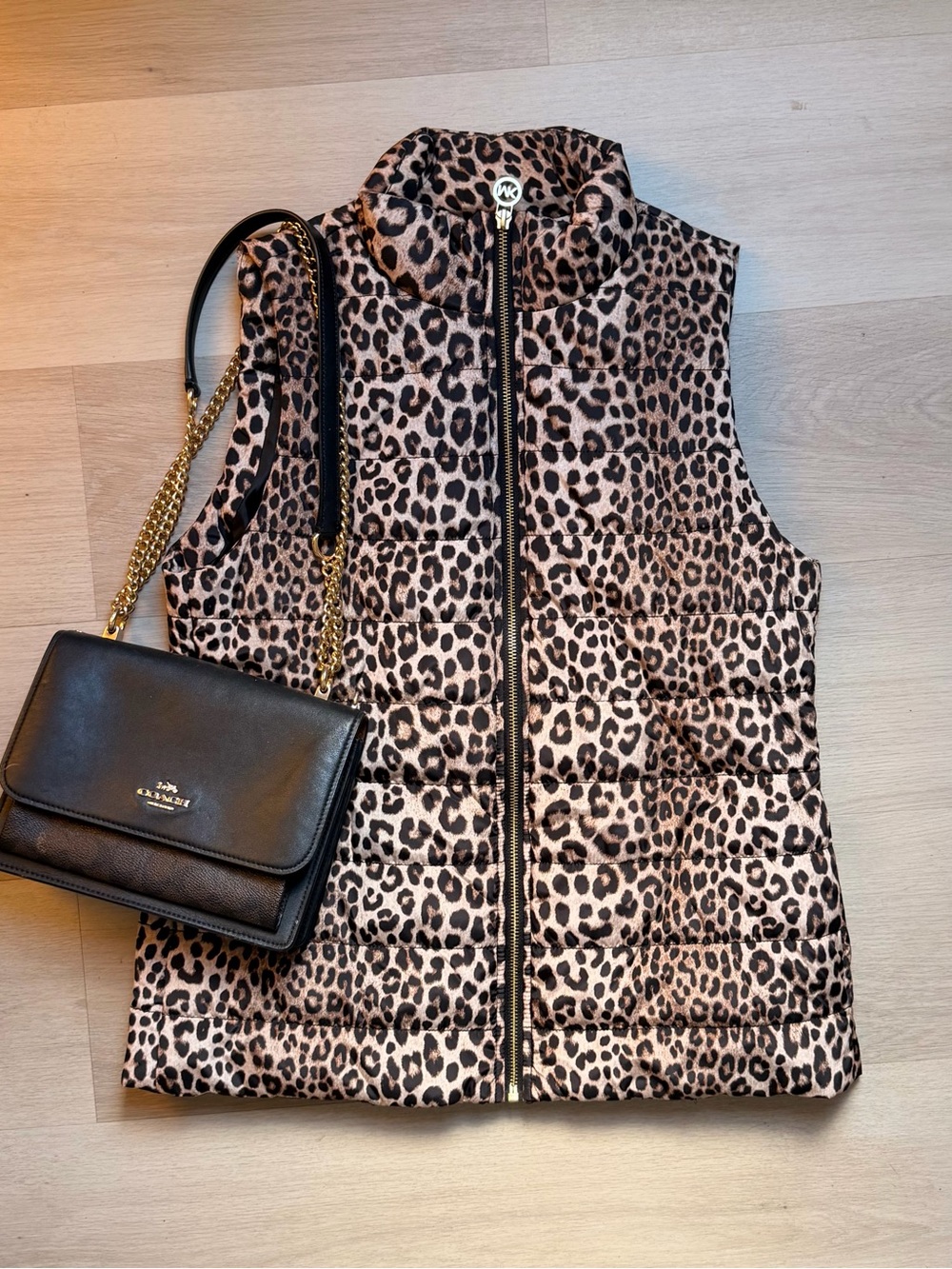 Michael Kors Leopard Print Quilted Vest in Taupe & Black